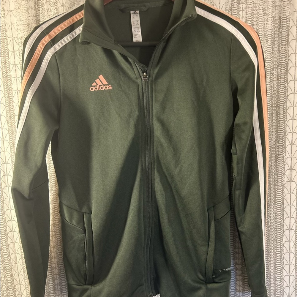 adidas Olive Green Track Jacket with Pink and White Sleeve Stripes